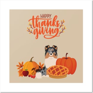 Cute Sheltie with Orange Happy Thanksgiving Sign and Holiday Pie and Pumpkin Posters and Art